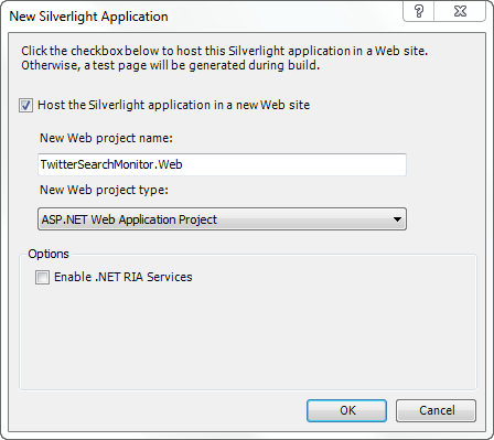 New Silverlight Application Dialog Box New Silverlight Application Dialog Box