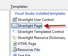 Add Silverlight Page dialog Add Silverlight Page dialog